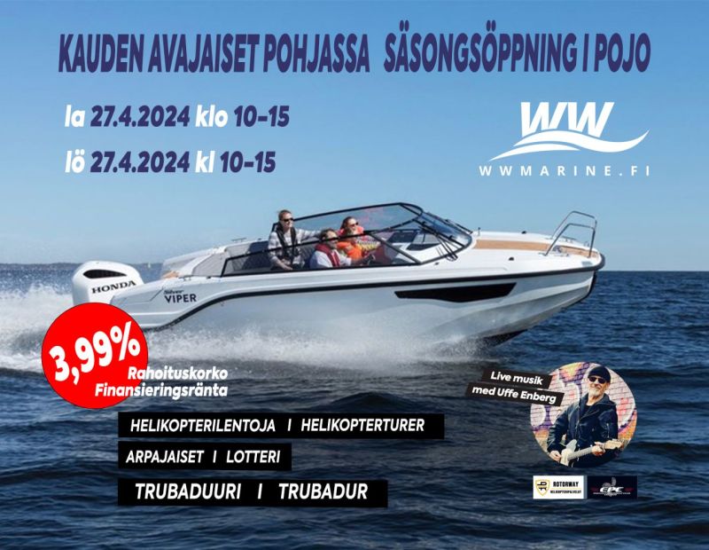 W&W Marinen kauden avajaiset jatkuvat Pohjassa 27.4.2024 klo 10&ndash;15 &ndash; Paikan p&auml;&auml;ll&auml; paljon n&auml;ht&auml;v&auml;&auml; ja ohjelmaa - Uutinen - Totalvene.fi